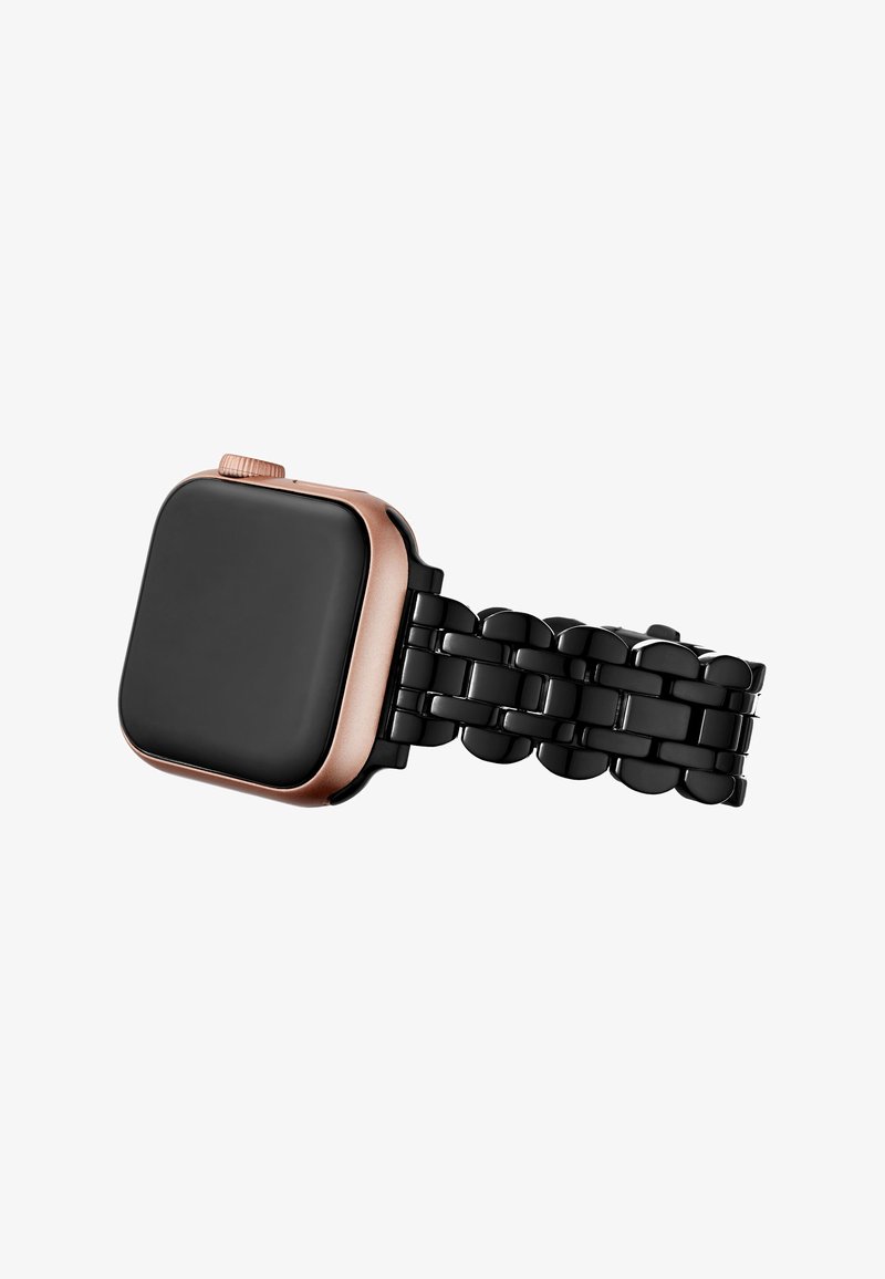 Smartwatch con cassa in oro rosa e cinturino a maglie in metallo nero, schermo rettangolare e pulsante corona laterale.