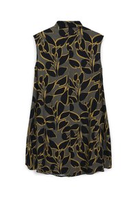 Blusa senza maniche in tessuto grigio scuro con un motivo floreale nero e oro, caratterizzata da un colletto con bottoni e una silhouette ampia.