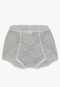 Culotte taille haute en dentelle blanche ; présente des motifs floraux, des bords festonnés et un petit nœud central. Matériau transparent avec une texture douce.