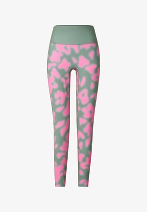 Leggings med høj talje i en rosa og grå abstrakt mønster og en bred, ensfarvet grå linning.