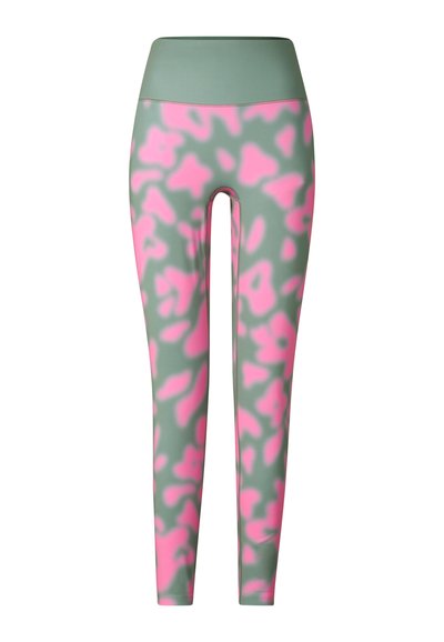 Leggings mit hohem Bund, versehen mit einem abstrakten Muster in Pink und Grau sowie einem breiten, einfarbigen grauen Bund.