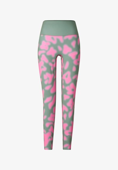 Leggings mit hohem Bund, versehen mit einem abstrakten Muster in Pink und Grau sowie einem breiten, einfarbigen grauen Bund.