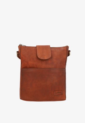 Braune Leder-Umhängetasche mit Vorderfach, Klappverschluss und verstellbarem Riemen vor weißem Hintergrund.