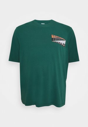 Green short-sleeve t-shirt made of cotton. Features a printed "TOMMY JEANS" logo on the chest in orange and black colors. Casual fit.