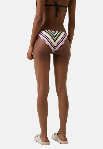 Striped bikini bottom featuring pink, green, and black chevron patterns. Ties at the sides for adjustable fitting. Smooth textile finish.