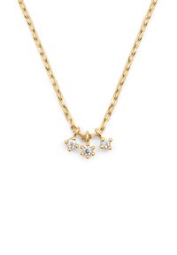 Collier en or avec trois pendentifs en forme d'étoile, chacun serti d'une pierre précieuse claire, présentant une texture lisse et une finition brillante.