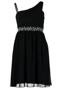 Robe de cocktail noire asymétrique avec une fine bretelle, taille froncée et ornements de pierres argentées le long de la ligne de taille.