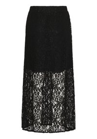 Jupe en dentelle noire avec un motif floral, une silhouette longue et une doublure intérieure pour plus de couverture. Texturé doux et apparence semi-transparente.