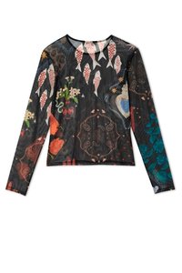 Μαύρο μπλουζάκι από διάτρητο ύφασμα με μακριά μανίκια, διακοσμημένο με ζωηρές απεικονίσεις από ψάρια, λουλούδια και αφηρημένα σχέδια σε διάφορα χρώματα. Απαλή υφή.