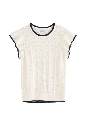 Hvid strikket top med korte ærmer og blomsterblonde, navy kant på krave, ærmespidser og kant.
