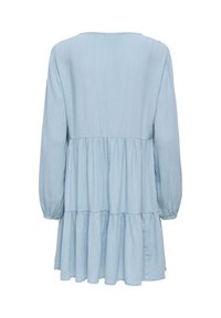 Robe bleu clair à manches longues avec jupe à volants et poignets élastiques, vue de dos sur fond blanc.