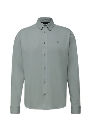 Hellegrünes Langarmhemd mit Knopfleiste und klassischem Kragen, vorderen Knöpfen und einem kleinen gestickten Logo auf der Brust. Weiche Stofftextur.