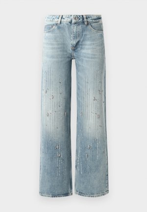 Light blue wide-leg jeans made of denim, featuring a gradient color effect and embellishments of silver rhinestones in a vertical pattern.