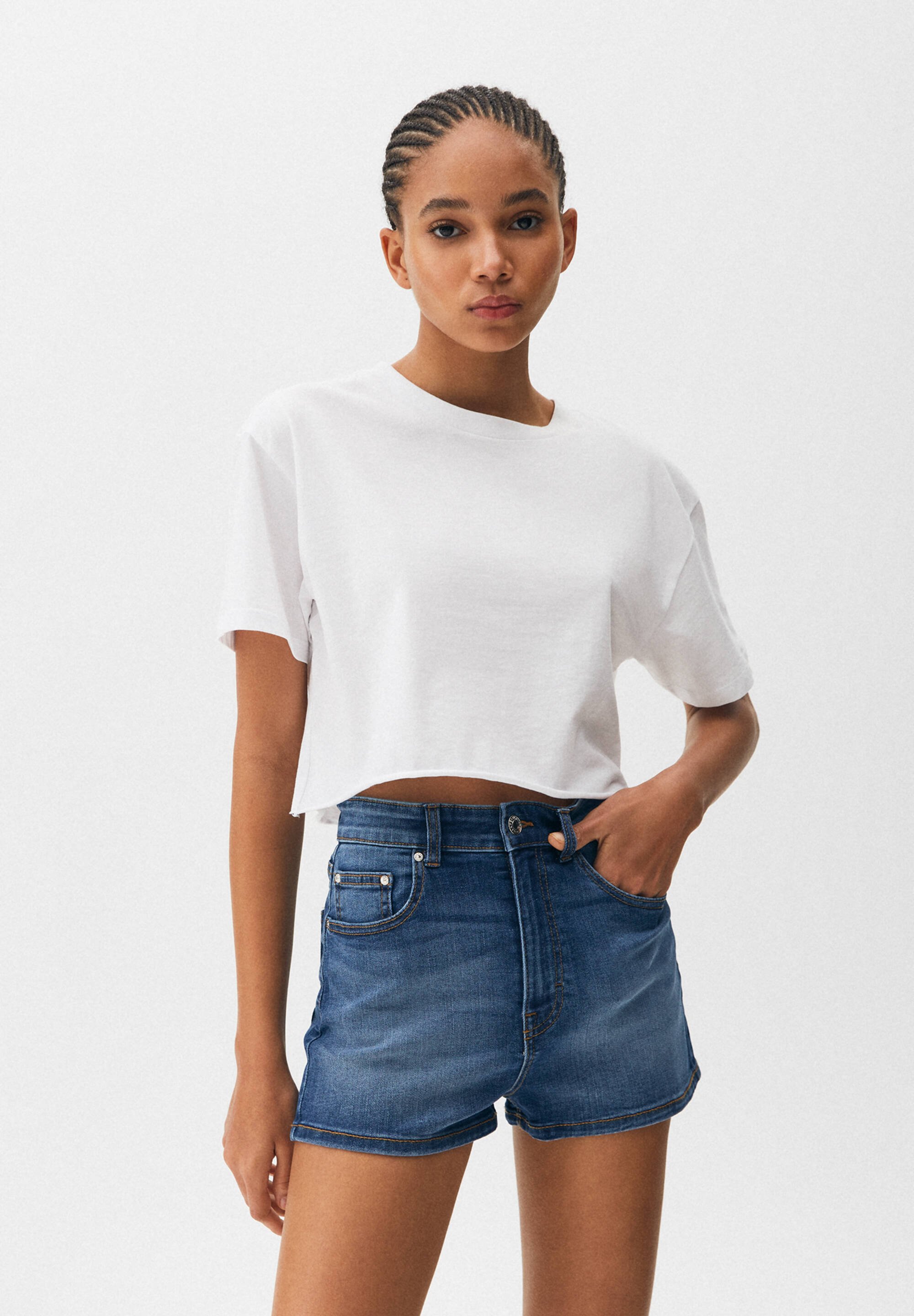 Mujer PULL\u0026BEAR Short vaquero tiro alto rotos - Algodón orgánico (al menos  50%) | Shorts \u003c ExtraLabs Software