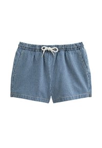 Costume da bagno a righe blu e bianche con vita elastica e laccetto. Presenta tasche laterali e una vestibilità casual e rilassata.