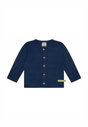Dunkelblauer Cardigan mit langen Ärmeln, Holzknöpfen und strukturiertem Stoff. Verfügt über ein Etikett an der unteren Seite.