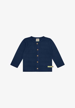 Dunkelblauer Cardigan mit langen Ärmeln, Holzknöpfen und strukturiertem Stoff. Verfügt über ein Etikett an der unteren Seite.