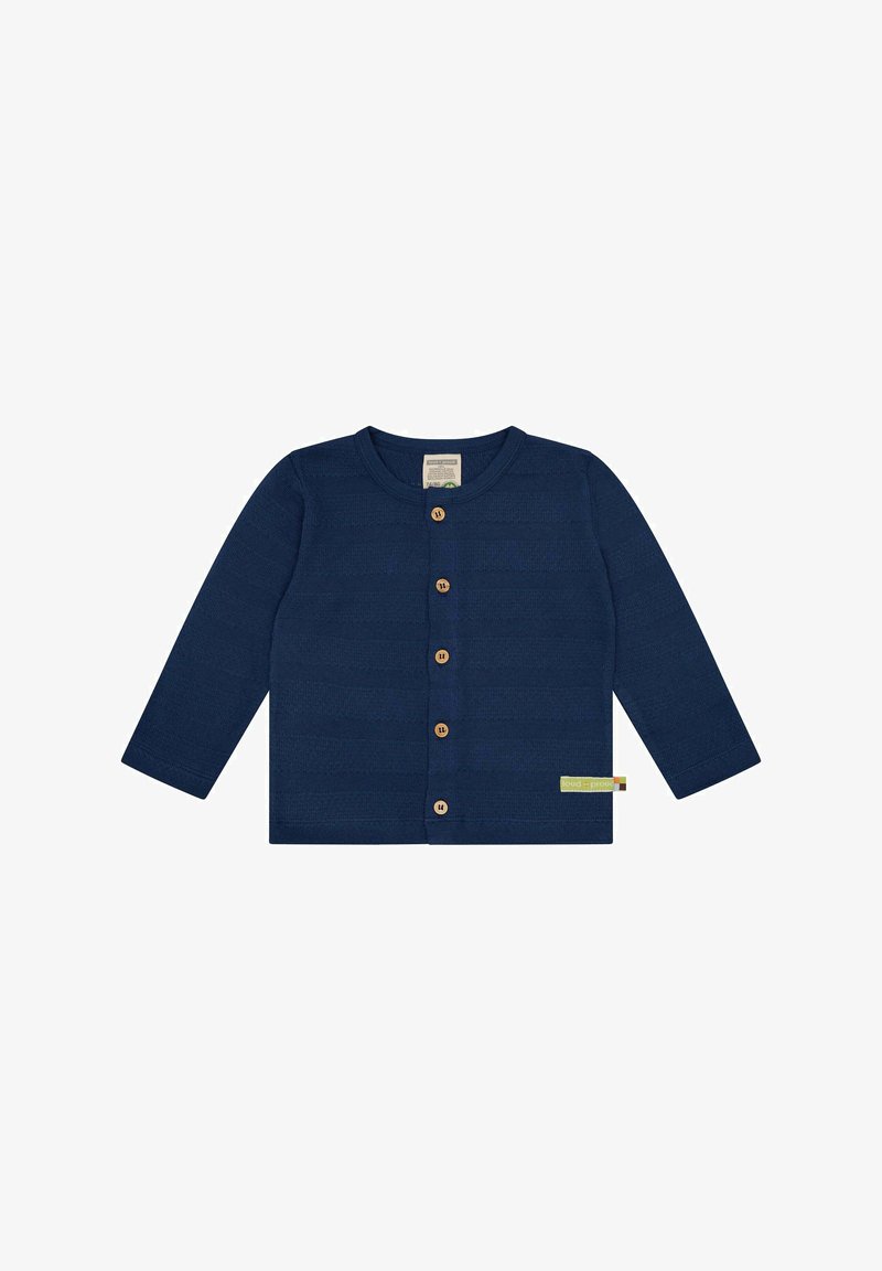 Dunkelblauer Cardigan mit langen Ärmeln, Holzknöpfen und strukturiertem Stoff. Verfügt über ein Etikett an der unteren Seite.