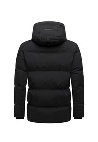 Giacca puffa nera con cappuccio arrotondato, pannelli trapuntati e maniche lunghe. Materiale liscio e isolato senza hardware visibile.