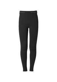 Sorte atletiske leggings med en glat overflade, tætsiddende design og en bred talje, der har mærkenavnet "uhlsport" i grå.