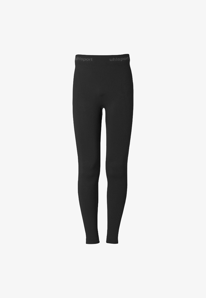 Sorte atletiske leggings med en glat overflade, tætsiddende design og en bred talje, der har mærkenavnet "uhlsport" i grå.