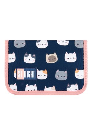 Marineblaue Geldbörse mit rosa Besatz, die verschiedene niedliche Katzengesichter in Weiß, Grau und Braun zeigt, sowie ein aufgenähtes "ST. RIGHT"-Logo auf der Vorderseite.