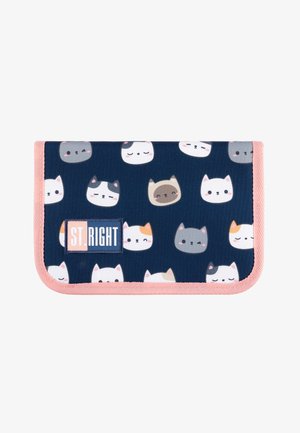 Navy wallet with pink trim featuring various cute cat faces in white, gray, and brown, and a stitched "ST. RIGHT" logo patch on front.