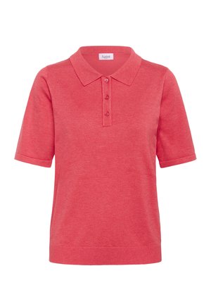 Polo de manga corta en coral brillante, confeccionado con tela suave, con cuello clásico, tapeta de tres botones y dobladillo acanalado.