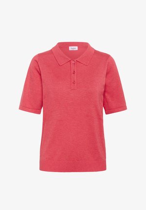 Polo de manga corta en coral brillante, confeccionado con tela suave, con cuello clásico, tapeta de tres botones y dobladillo acanalado.