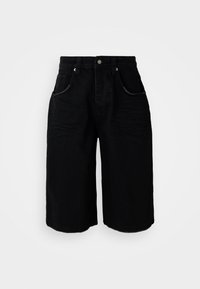 Black denim shorts with a straight-leg design, five pockets, metal button closure, and subtle texture. The hem is finished with a clean cut.