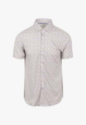 Kurzärmliges Hemd mit Knopfverschluss aus leichtem Stoff mit einem mehrfarbigen geometrischen Muster, ausgestattet mit einem Kragen und einem geraden Saum.