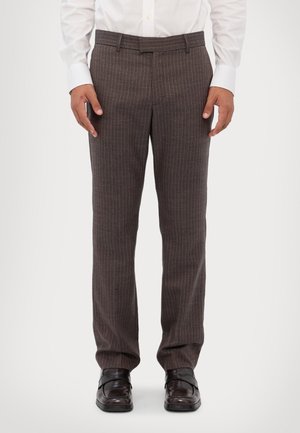 Brown striped trousers with a smooth texture, straight cut, and a standard waistband, paired with black dress shoes.