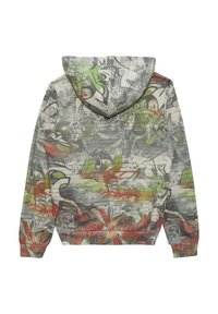 Grijze hoodie met levendige graffiti-patronen in groen, oranje en rood. Inclusief een trekkoord kap en ribgebreide manchetten en zoom.