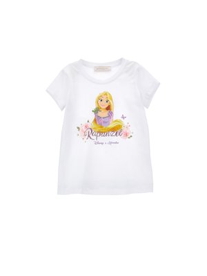 T-shirt bianco a maniche corte con una grafica colorata di Raperonzolo circondata da fiori e la scritta "Raperonzolo" in basso. Materiale in morbido cotone.