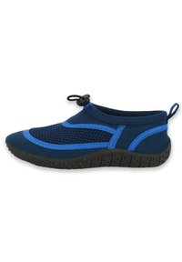 Marineblauwe waterschoen met een bovenkant van mesh, rubberen zool en elastische trekkoord. Kenmerkt blauwe accenten en een gestructureerde gripzool voor extra traction.