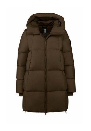 Cappotto invernale lungo imbottito marrone con cappuccio, zip frontale e sezioni orizzontali cucite per l'isolamento.