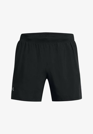 Sorte sports-shorts lavet af letvægtsstof, med en elastisk talje og et lille logo på venstre side.