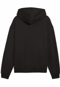 Hoodie noir avec une texture douce et lisse. Doté d'une capuche à cordon, de manches longues et de poignets et d'ourlet côtelés. Design simple, sans motifs.