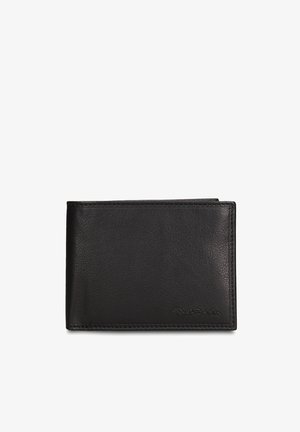 Zwarte leren portemonnee met een gladde textuur en een minimalistisch design. Voorzien van gestikte randen en een verdiept merklogo rechtsonder.