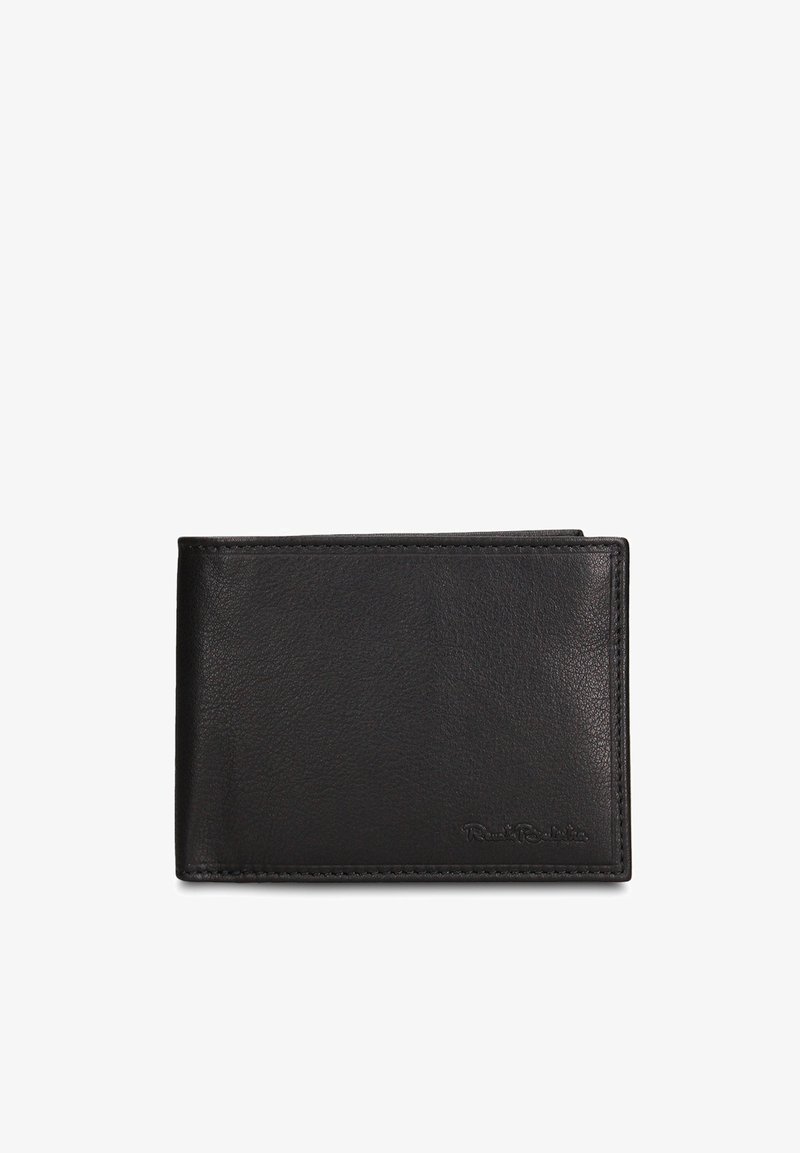Portafoglio in pelle nera con una texture liscia e design minimalista. Presenta bordi cuciti e un marchio impresso in rilievo nell'angolo in basso a destra.