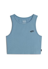 Blå bomullsärmlös topp med rundad halsringning. Har en liten svart Vans-logotyp och en rak fåll. Slen yta och utan ärmar.