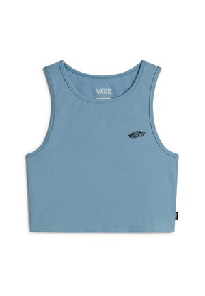 Blaues Baumwoll-Top mit rundem Ausschnitt. Verfügt über ein kleines schwarzes Vans-Logo und einen geraden Saum. Glatte Textur und ärmelloses Design.
