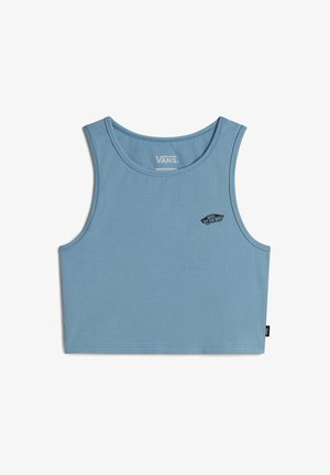 Canotta in cotone blu con scollatura rotonda. Caratterizzata da un piccolo logo Vans nero e un orlo dritto. Tessuto liscio e design senza maniche.