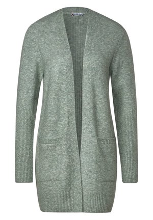 Langärmelige Open-Front-Strickjacke in weichem grün mit gerippten Bündchen und Saum, ausgestattet mit zwei Fronttaschen.