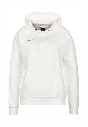 Biała bluza Nike z kapturem typu pullover, z przednią kieszenią, sznurkiem w kapturze i szarym logo Swoosh na górnej lewej stronie klatki piersiowej.