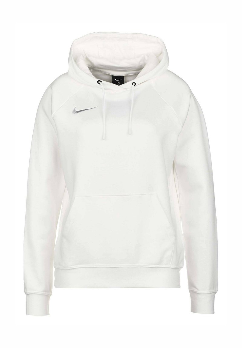 Sweat à capuche blanc Nike style pullover avec poche avant, capuche à cordon et logo Swoosh gris sur la partie supérieure gauche de la poitrine.