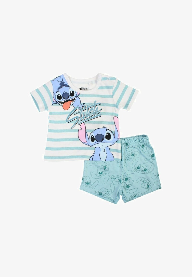 Ensemble pyjama en coton composé d'une chemise à manches courtes rayée avec un personnage de dessin animé et du texte, et d'un short uni avec un imprimé répétitif du personnage.