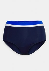 Cuecas de banho de cintura alta em azul-marinho com uma cintura marcada por riscas azuis e brancas contrastantes. Tecido liso e elástico; corte clássico.