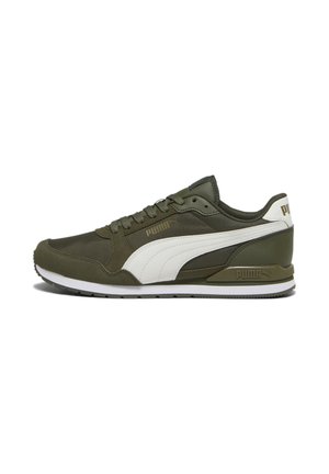 Low-top olive green and white Puma sneaker with lace-up closure, white sole, and Puma logo on side, heel, and midsole.
