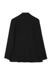 Blazer nero sartoriale con maniche lunghe, tre bottoni su ciascun polsino e uno spacco centrale sul retro, mostrato da dietro su uno sfondo bianco.